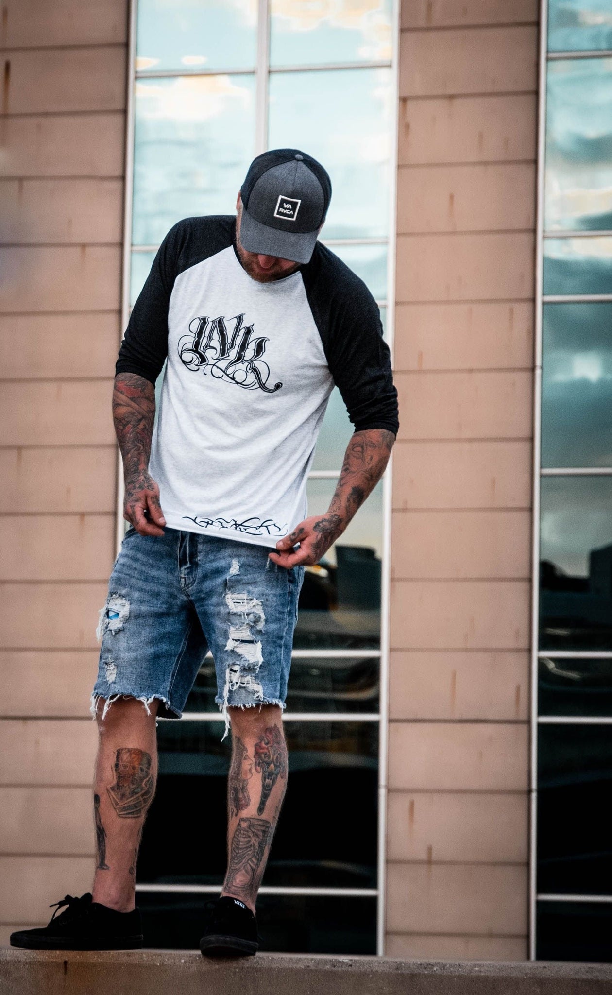INK Meas Unisex White/Heather Charcoal Baseball Tee