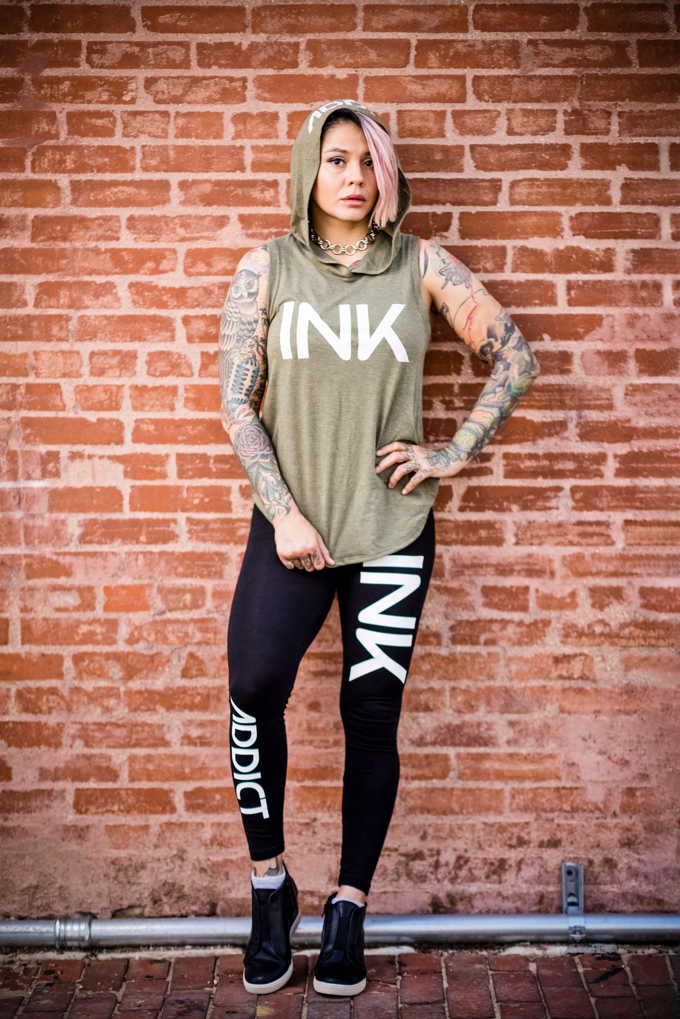 INK Women's Military Green Sleeveless Hoodie Tee