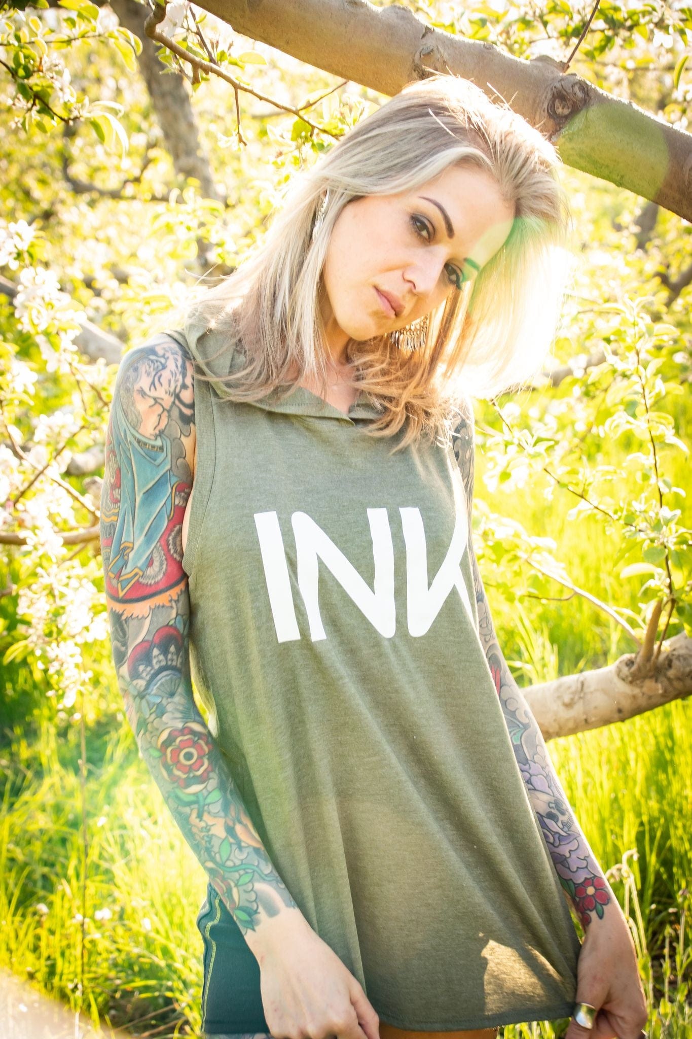 INK Women's Military Green Sleeveless Hoodie Tee