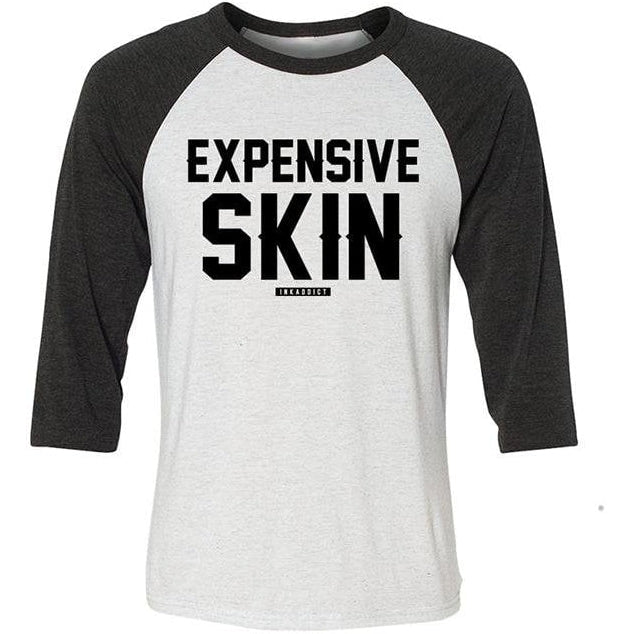 Expensive Skin Unisex White/Heather Charcoal Baseball Tee