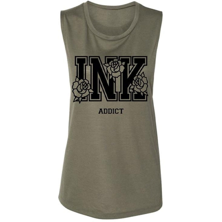 INK Roses Military Green Women's Muscle Tank